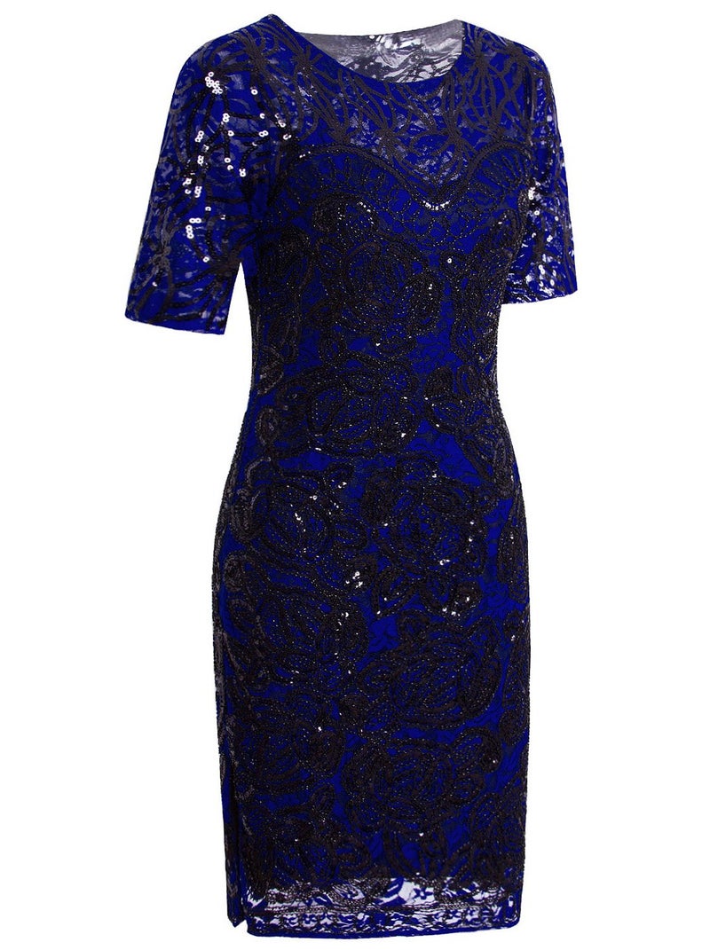 Vijiv Women Vintage Style Lace Beaded Cocktail Dress Sequin Great Gatsby Flapper Dress For Wedding Party With Sleeves,Blue,Large - Image 2